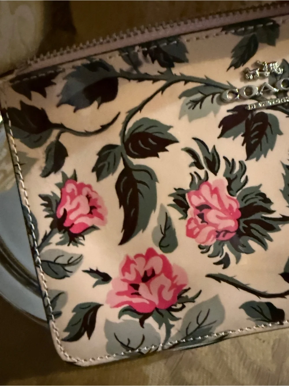 Coach Patent Leather Rose Print Foldover Clutch/wristlet